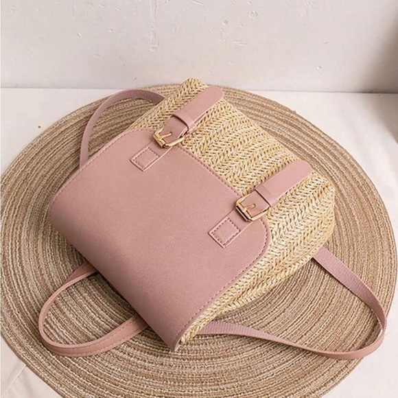 Boho Vegan Leather Straw Mini Backpack Pink main image 6